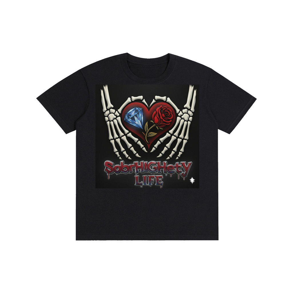 Classic Black t-shirt with a skeleton hands and heart logo on the front and a colorful list of recovery values on the back.